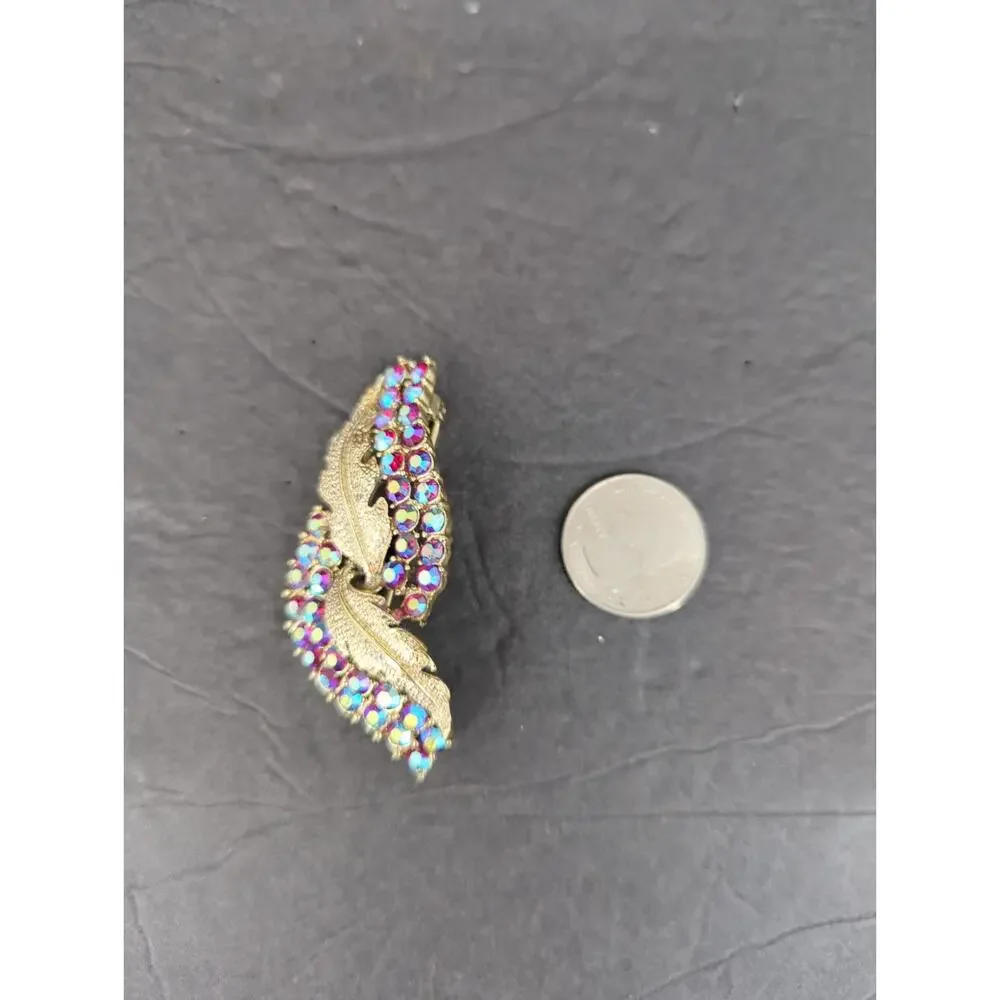 Vintage Gold Tone Multicolor Purple Rhinestone Feather Leaf Brooch Pin Retro
